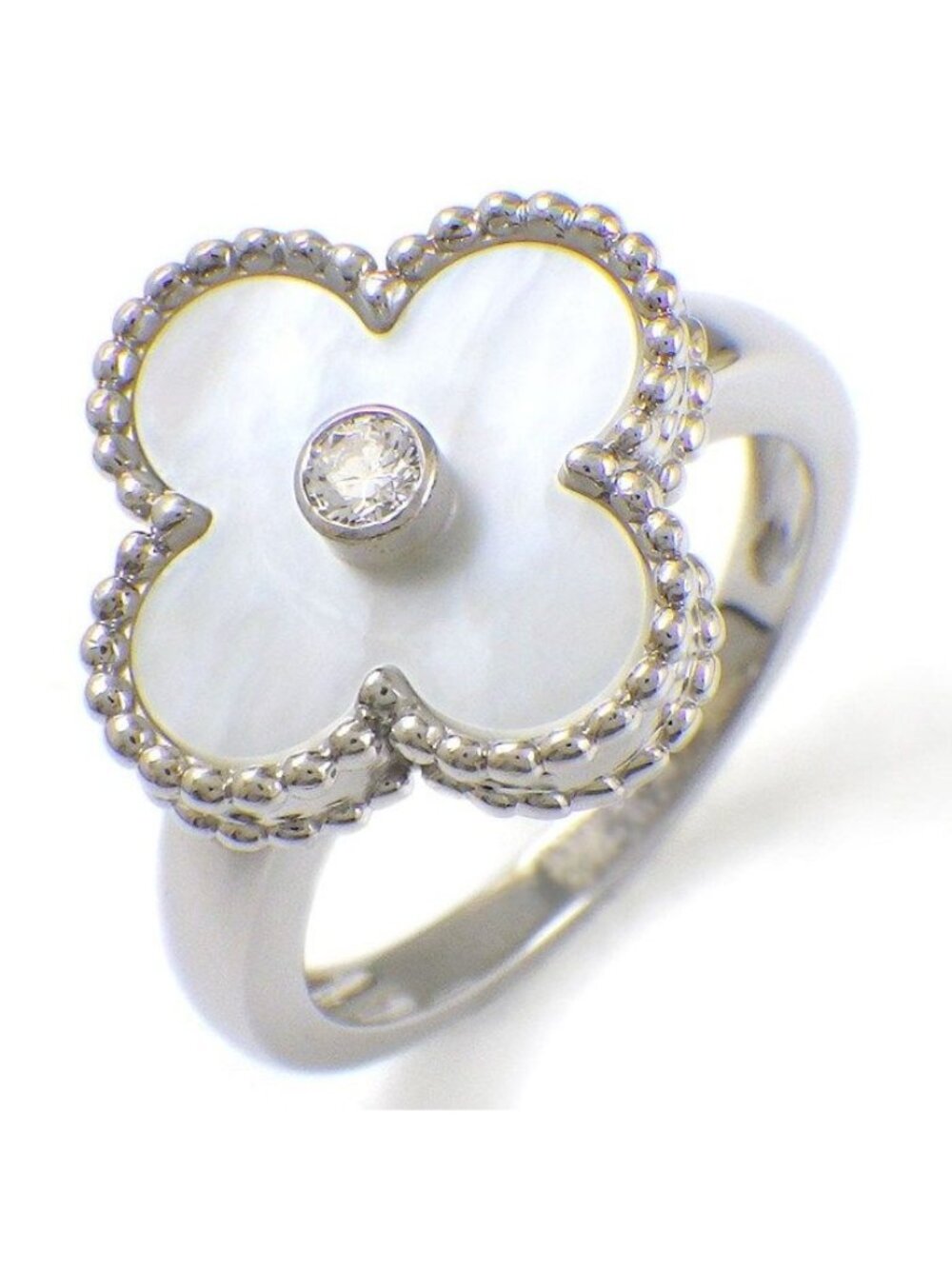 Van Cleef & Arpels Ring Vintage Alhambra Diamond White Shell 18k White Gold